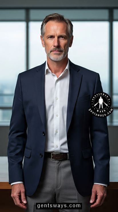 Classic Navy Blazer + Grey Trousers - business casual outfits for men in their 50s
