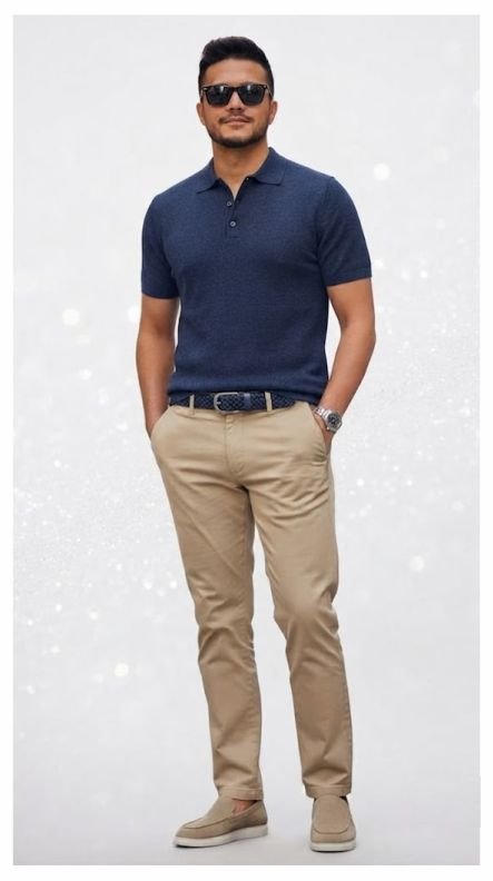 A man in a Fine Knit Polo and Beige Chinos, No Jacket