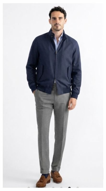 A business casual outfit of Herringbone Sport Coat, Light Blue Shirt, and Grey Trousers