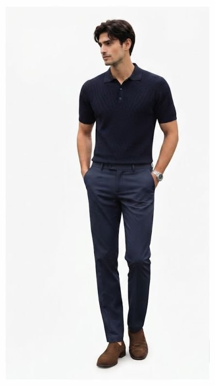 A man in a business casual outfit of Knit Polo, Navy Chinos, and Brown Loafers