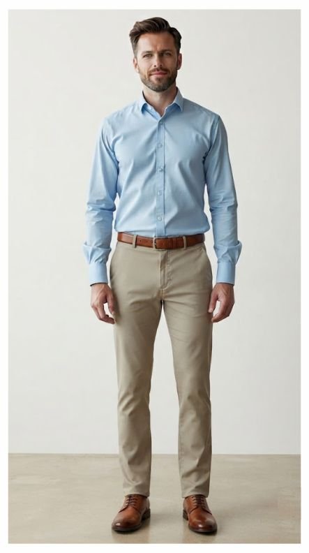 A man in a Light Blue Shirt, Khaki Chinos, and Brown Derbies demonstrating men's business casual outfit