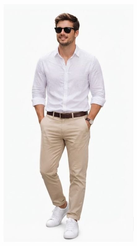 A man in a summer business casual outfit of Linen Shirt and Light Chinos for Summer