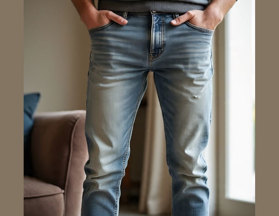 A man putting on men's jeans trousers 