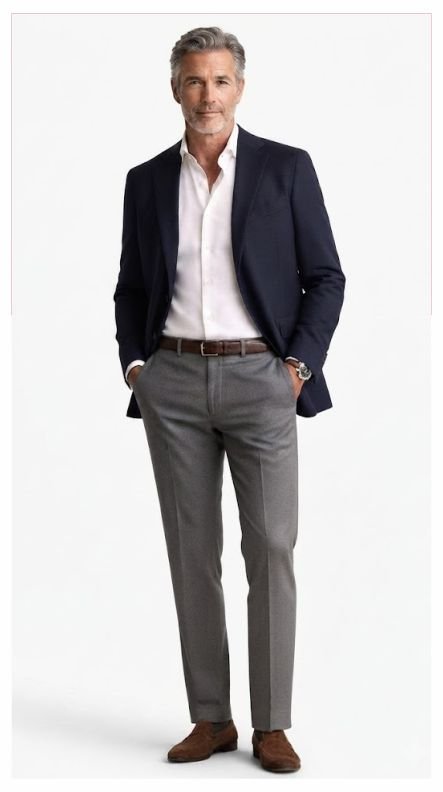 A man in a Navy Blazer, White Oxford Shirt, and Grey Trousers