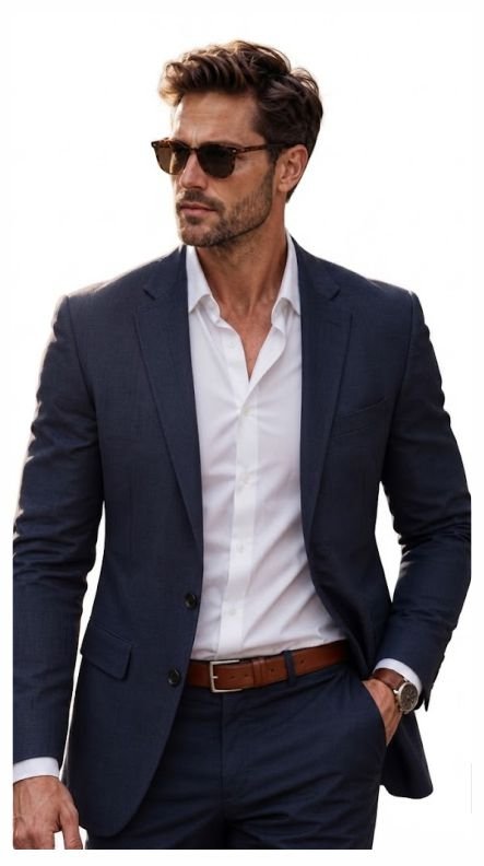 A man in a Navy Suit Separates Without a Tie