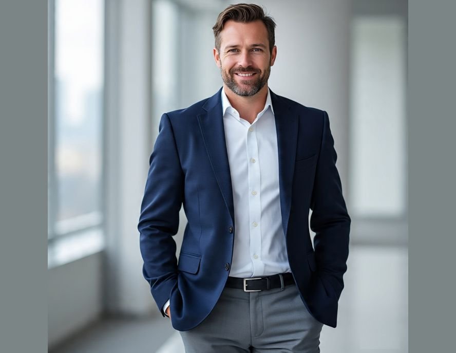 Navy blazer + white or light blue shirt + grey trousers