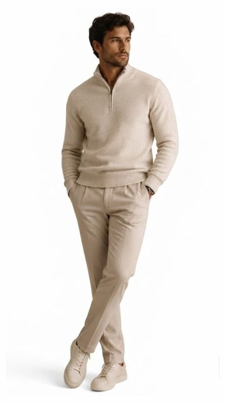 A man in a Quarter-Zip Sweater, Tailored Trousers, and White Sneakers to depict men's business casual outfit ideas