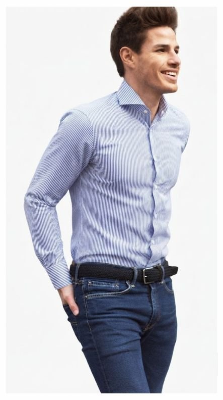 A man wearing a Rolled-Sleeve Striped Shirt and Dark Denim