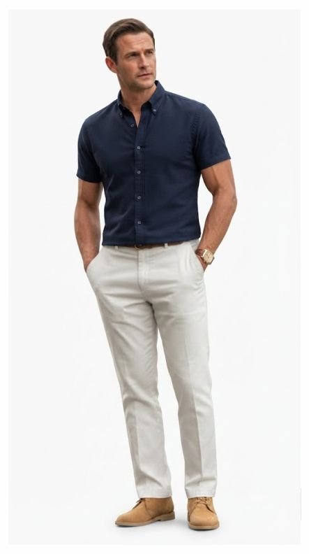 A men's business casual outfit of Short-Sleeve Oxford and Tailored Trousers for Warm Days
