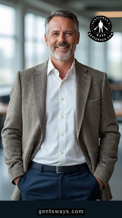 A man in 50 plus in Textured Jacket + Dress Pants