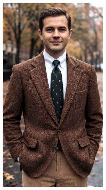 A man in a fall business casual outfit of Tweed Blazer and Corduroy Trousers for Fall