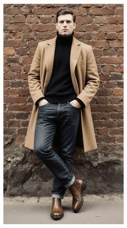 A business casual of Wool Overcoat Over a Turtleneck and Trousers for Winter for men