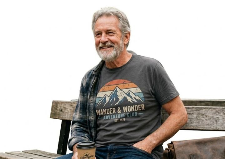 An older man wearing a graphic t-shirt