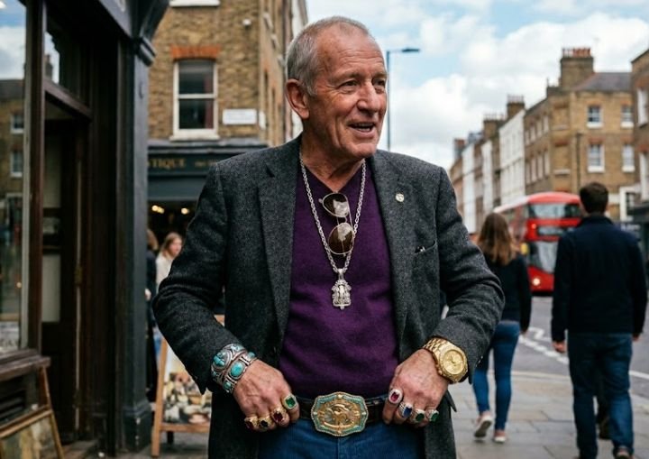 A senior man wearing loud accessories