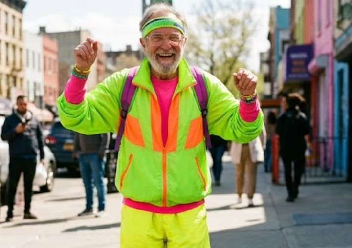 Older man in neon bright colour outfit