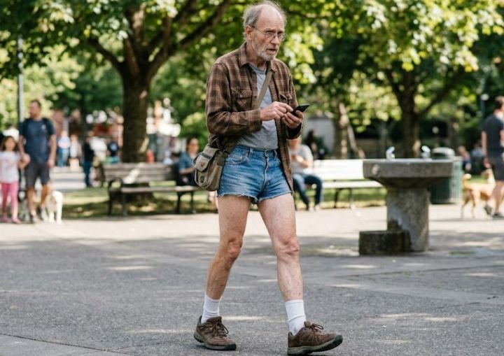 An older men in a very short shorts