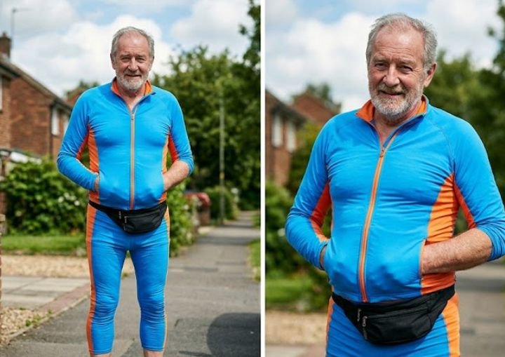 An older man wearing overly tight clothes