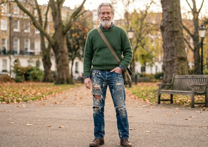 An older man wearing overly distressed jeans