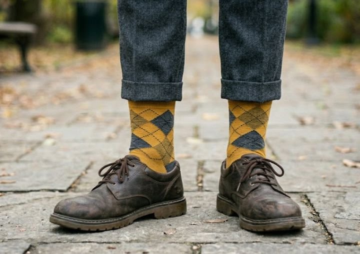 An older man wearing socks that do not match the pants