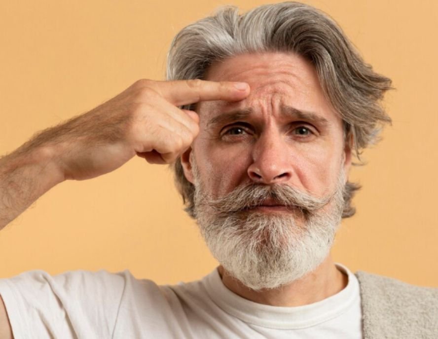 An older man attending to his eyebrows 