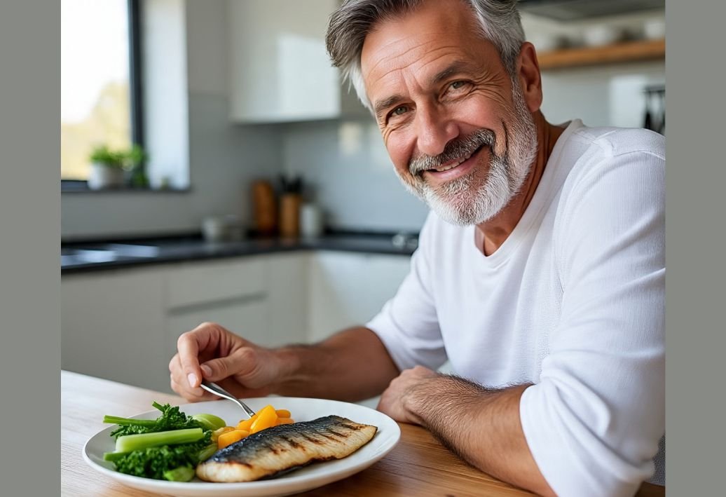A man in his 60s eating heart-healthy food