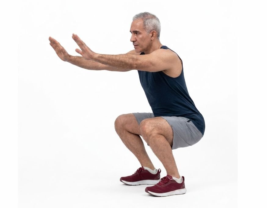 A man in his 60s doing body squat workout