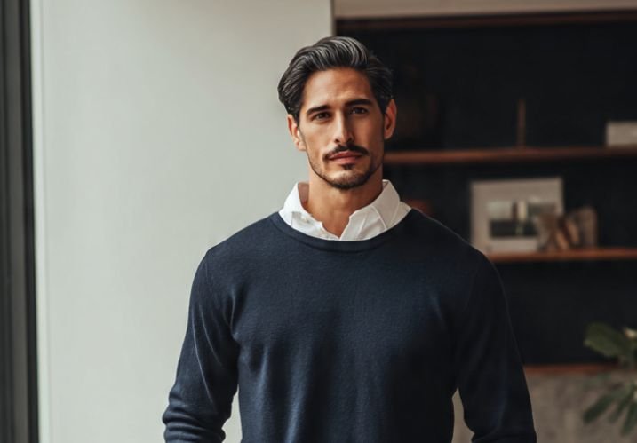 A man in a crewneck knitwear