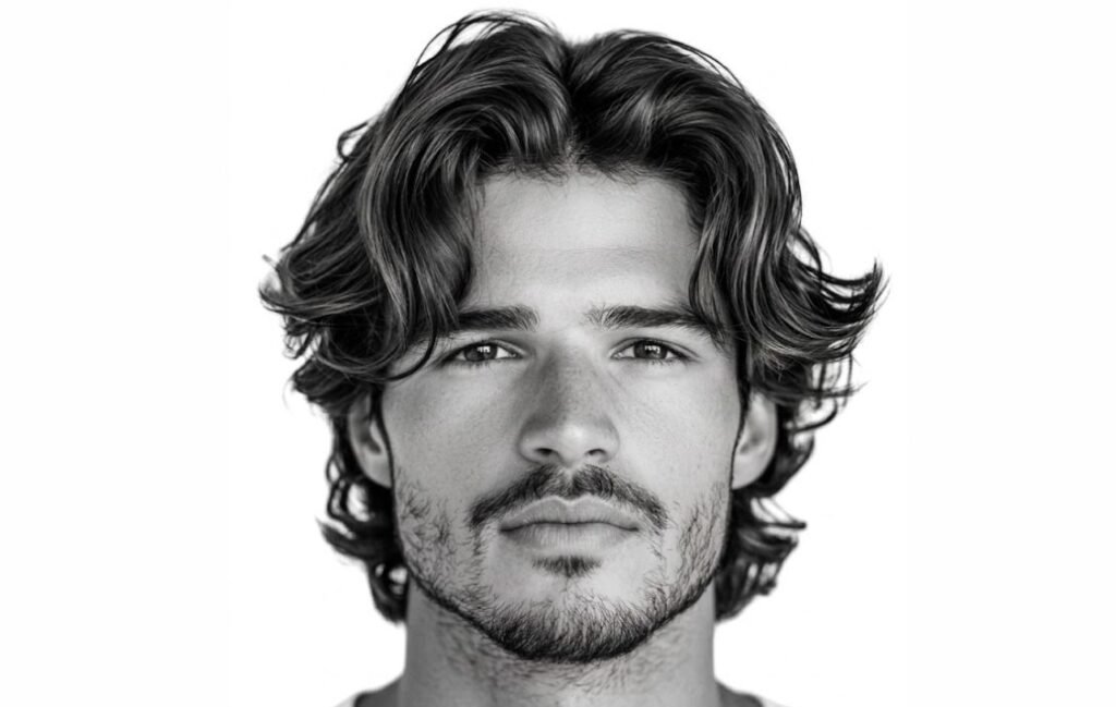 A man in men's curtain hairstyle