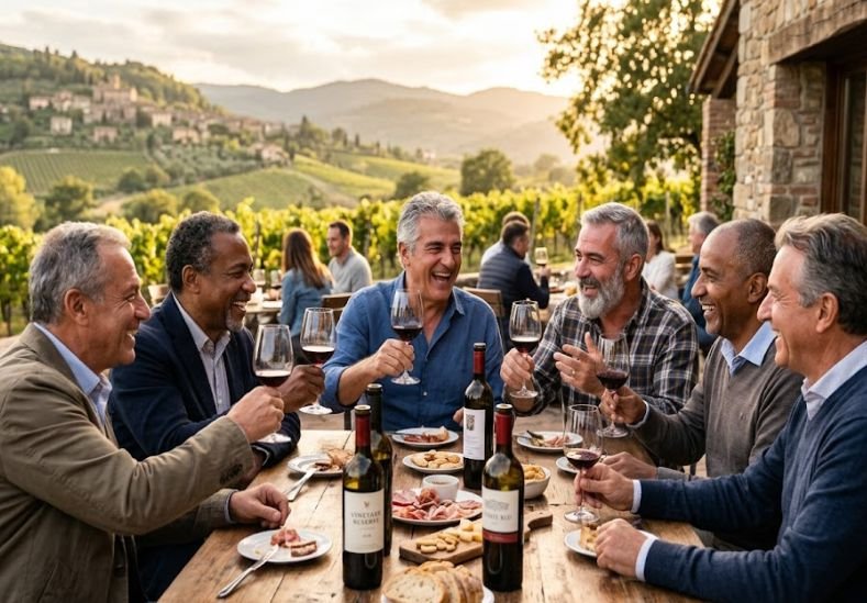 A group of mature men having fund and demonstrating the men's lifestyle and culture