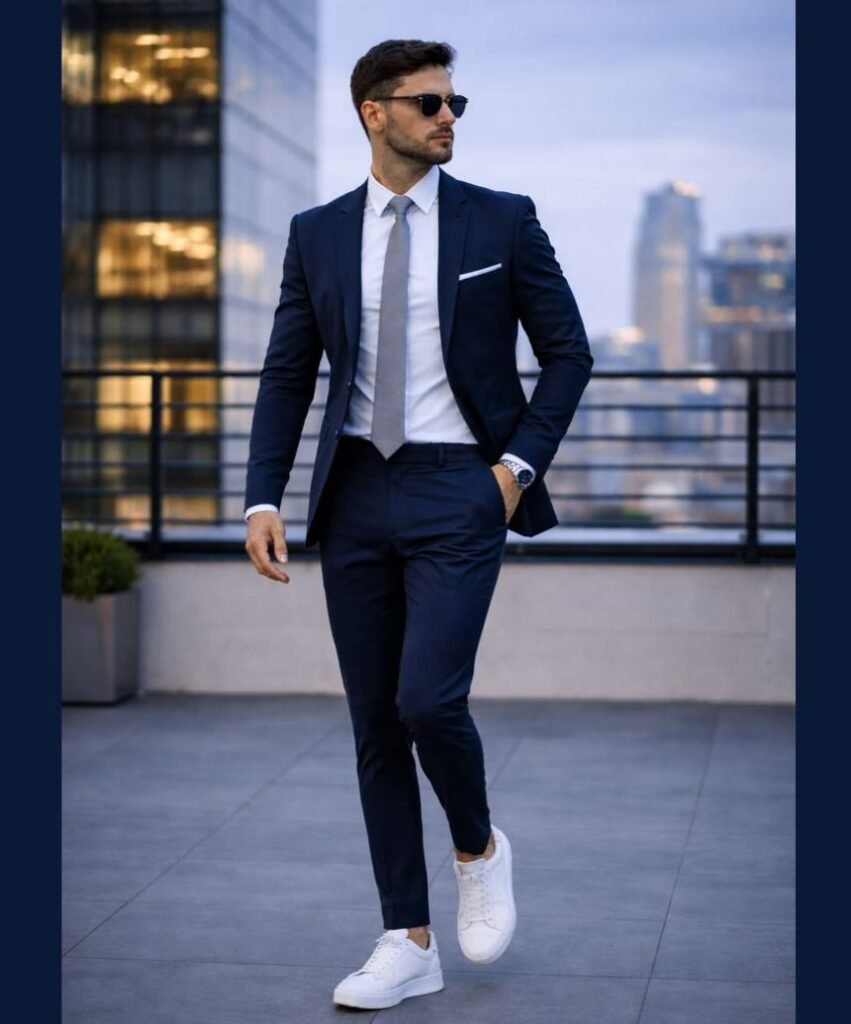 A man demonstrating how to style navy blazers 