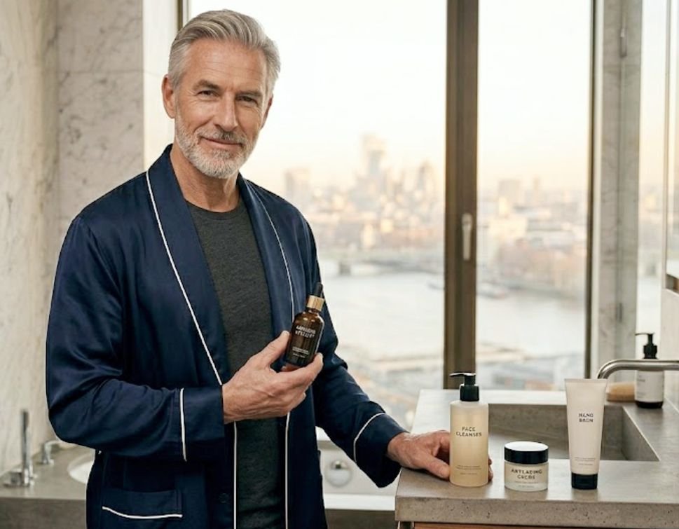 An older man shows off his skincare table