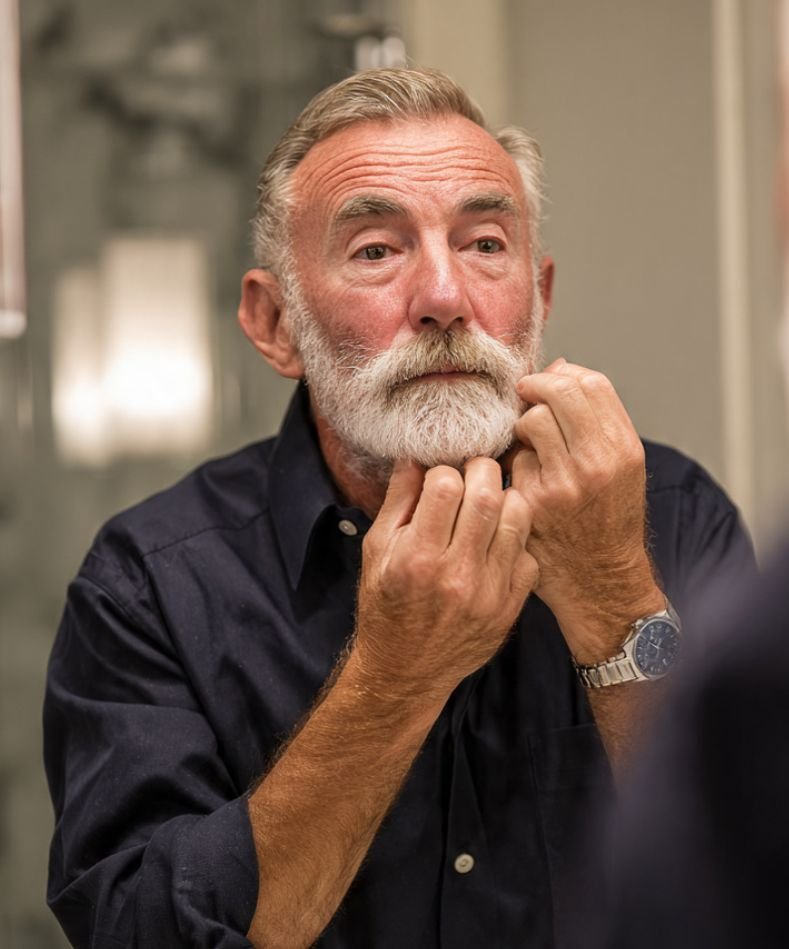 An older man attending to his beard depicting facial hair grooming for older men