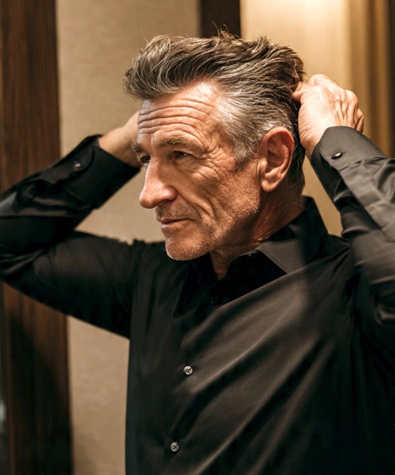Older man attending to his hair