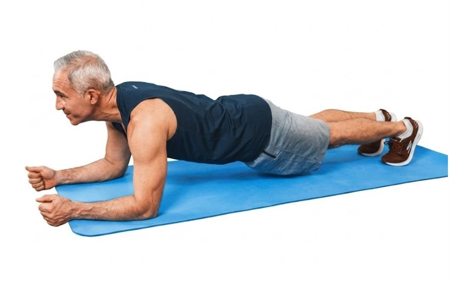 An elderly man doin Planks for Core Strength for full-body workout