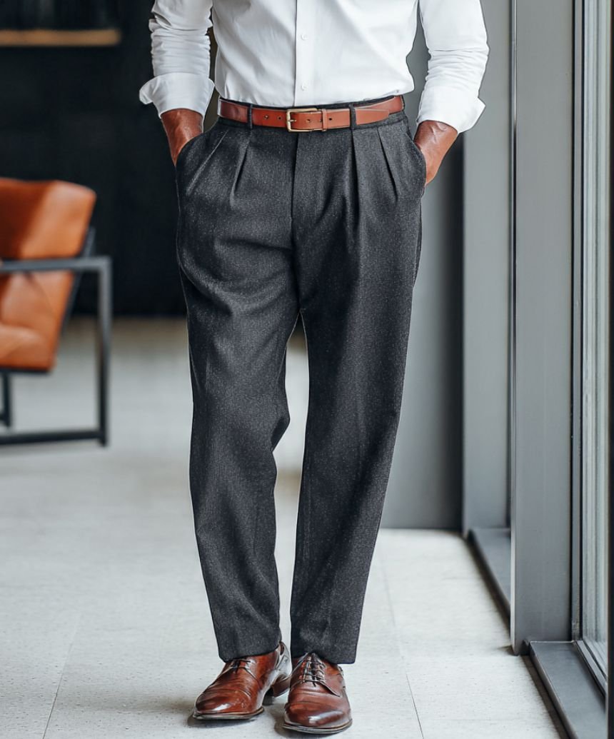A man wearing men's pleated trousers