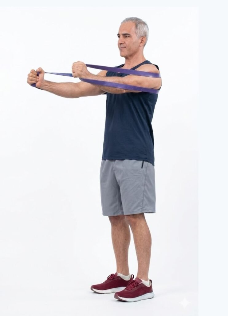 A senior man of 60s working out with Resistance Band Rows