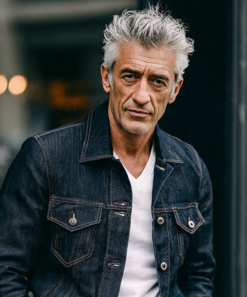 An older man in a silver fox men fashion outfit