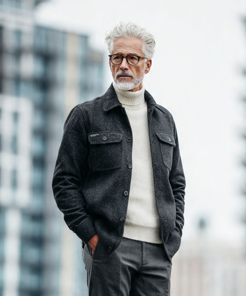 A silver fox man in a jacket outfit