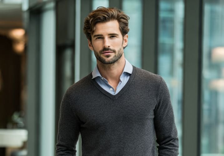 A man putting on a v-neck sweater knitwear