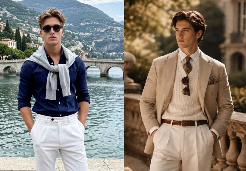 Two young men in quiet luxury style outfits
