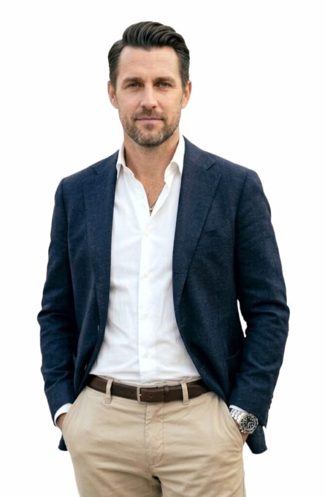 Confident modern gentleman in tailored blazer standing in natural light, exuding style, strength, and timeless masculinity.