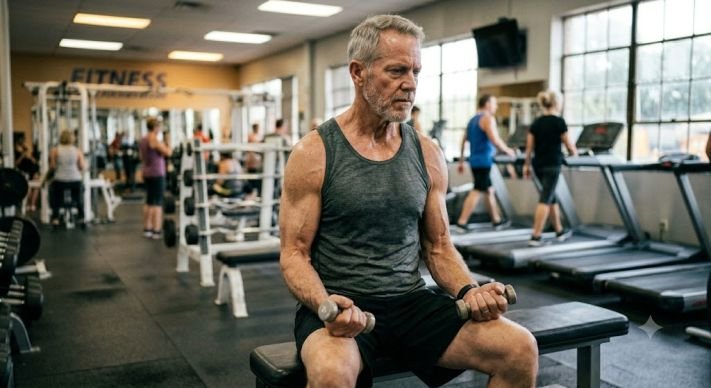 An older man doing bicep curls to build muscle