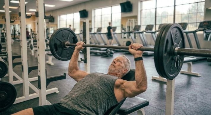 A 60s man doing bench press for muscle building