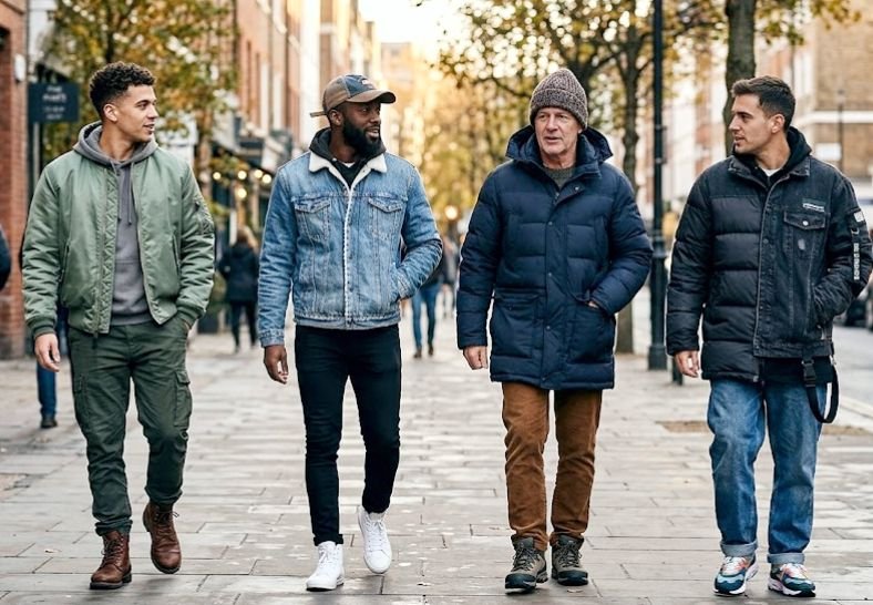 Men in streetwear outfits of Bomber Jackets, Denim Jackets, and Puffer Coats