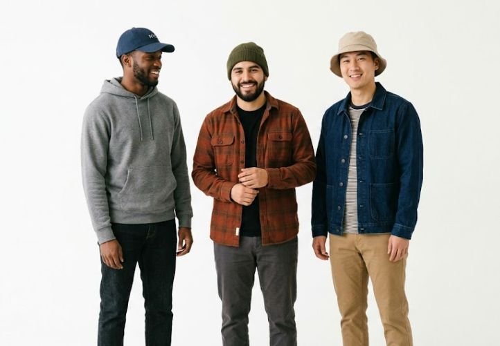 Three men wearing Caps, Beanies, and Bucket Hats for men's streetwear outfit