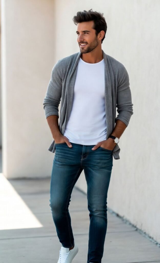 A man in a casual weekend outfit