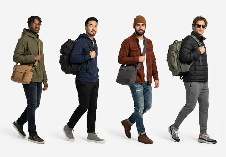 Men in a streetwear mode with Crossbody Bags and Backpacks