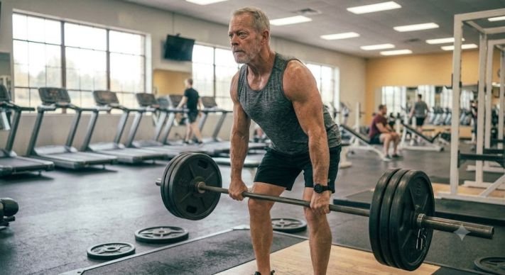An older man in his 60s doing deadlift 