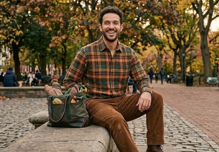 A man wearing Fall: Hoodies, Flannels, Denim Jackets, and Earth Tones