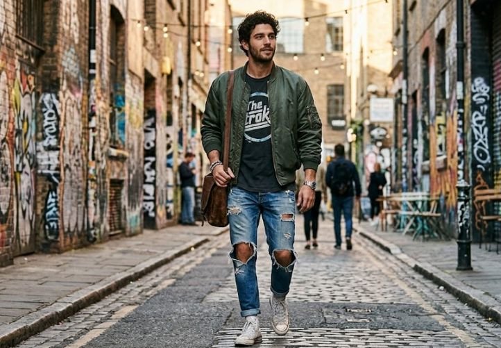 A man in Graphic Tee + Ripped Jeans + Bomber Jacket streetwear